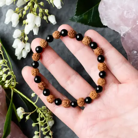 Natural 5 Mukhi Rudraksha Bracelet with Black Onyx 8mm – Unisex | Wealth & Health Attractor | Lab Certified 🔱