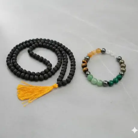 🌿 Charutty Authentic Plain Karungali Mala (108+1 Beads) + Dhan Yog Bracelet (21–23 Beads) Combo Pack | 6–8 mm | Lab Certified & Temple Blessed