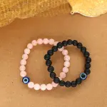 💖 Natural Rose Quartz + Lava Evil Eye Beads Bracelet Combo Pack