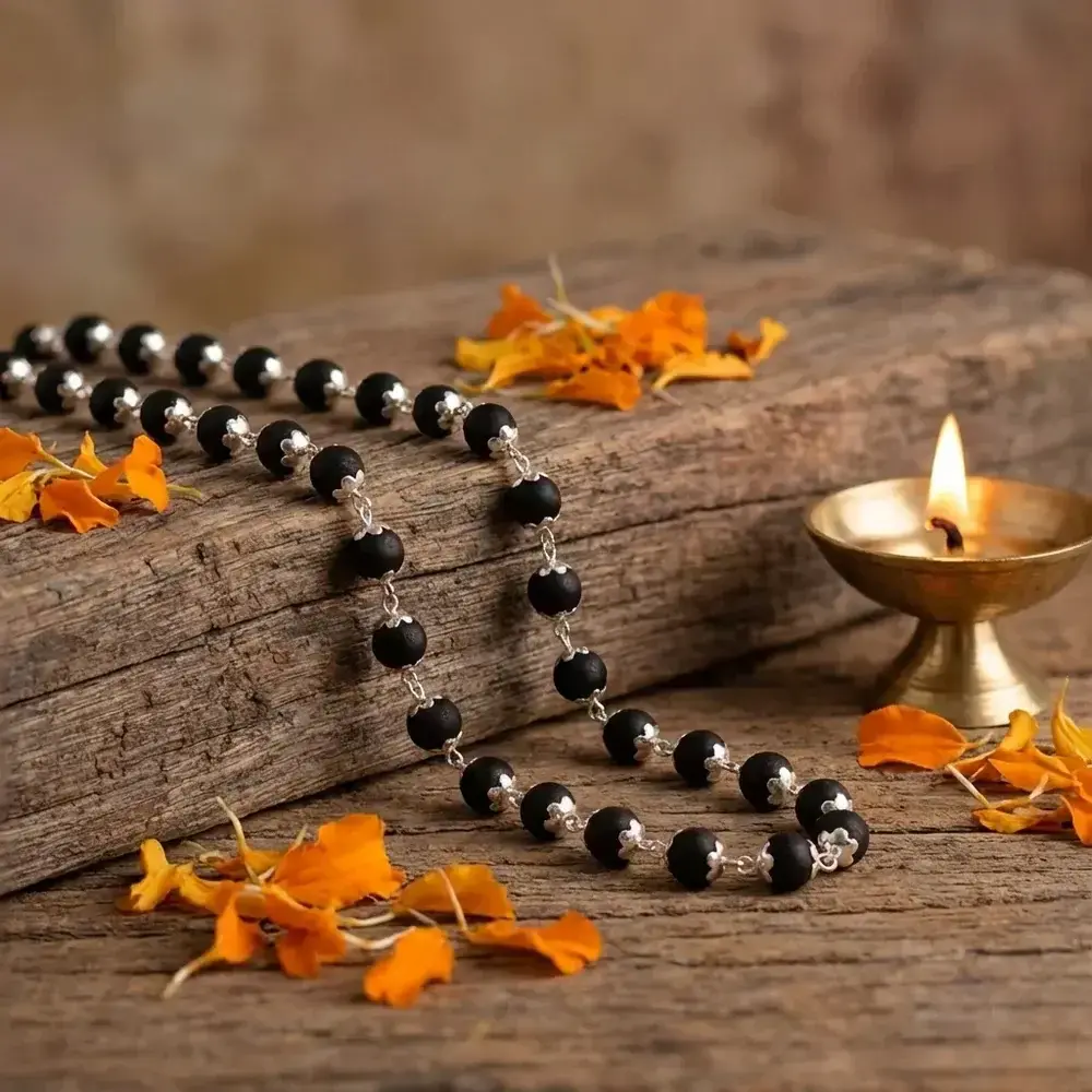 ✨ Karungali Silver Cap Malai – Certified | Pure Ebony Wood | 54 Beads (6-8 mm) ✨